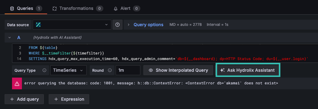 Ask Hydrolix Assistant button