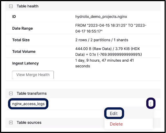 **Figure 6 - Navigating to Edit the Transform of a Table