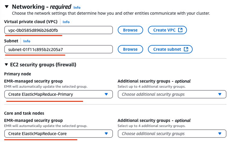 AWS EMR networking configuration showing VPC and subnet selection