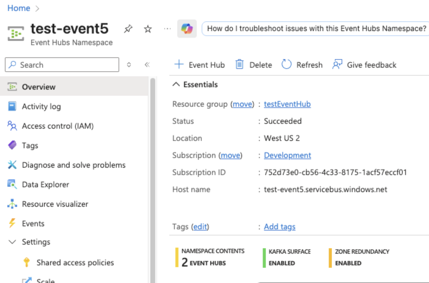 Azure Event Hubs hostname example