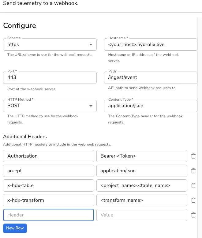 Bindplane Webhook destination configuration showing the Additional Headers section with Authorization, Accept, x-hdx-table, and x-hdx-transform headers