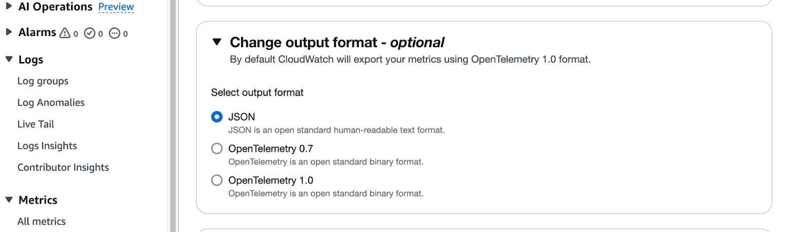 CloudWatch change output format to JSON