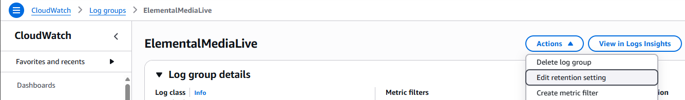 CloudWatch log retention settings