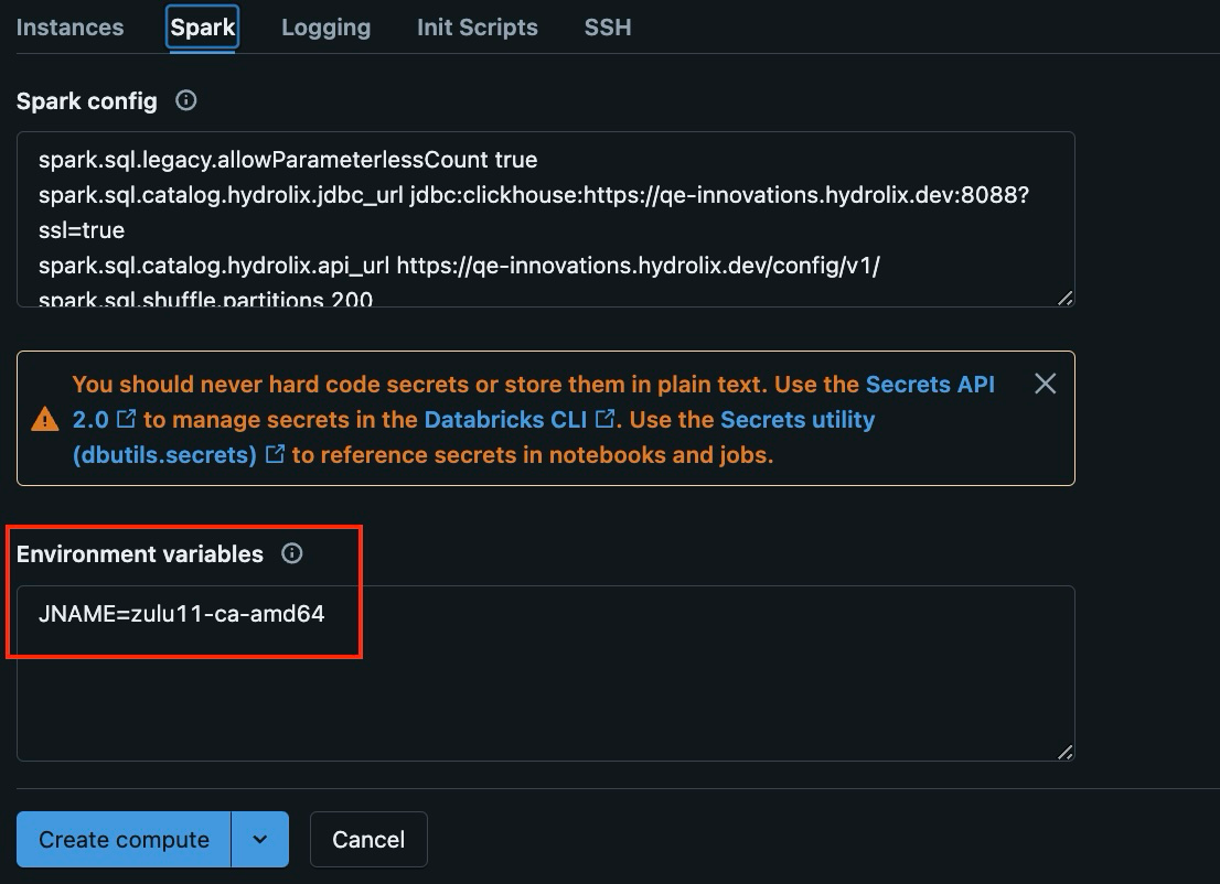 Databricks JNAME environment variable configuration