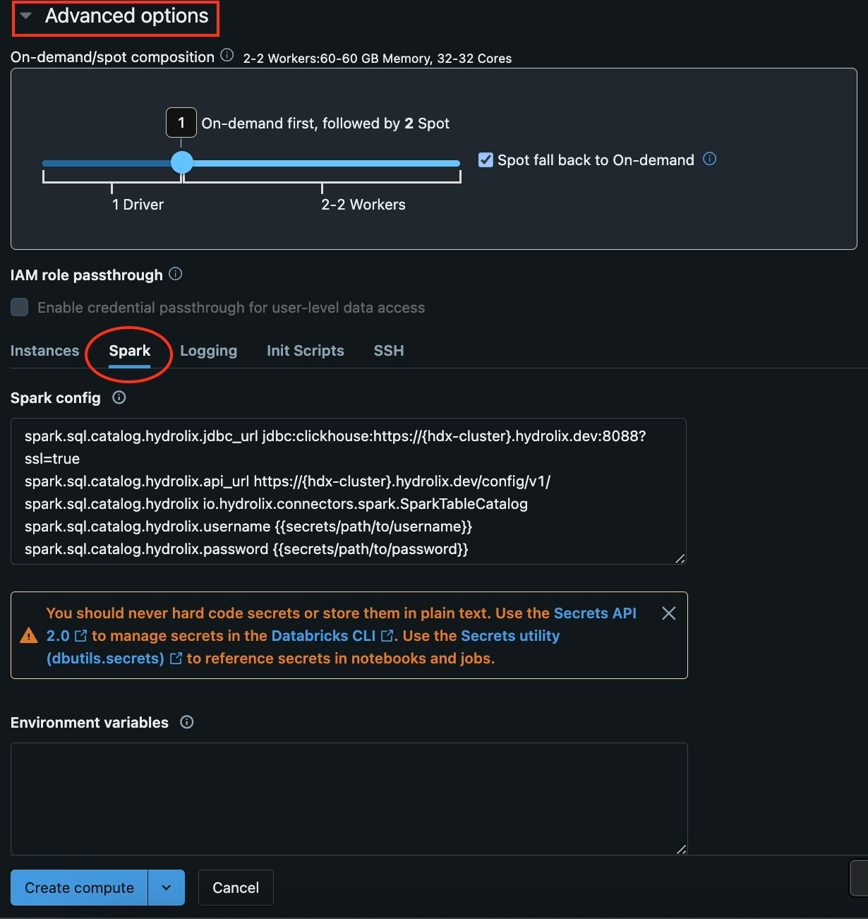 Databricks Spark configuration in the UI