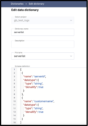 Dictionary details and schema view