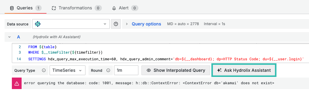Ask Hydrolix Assistant button