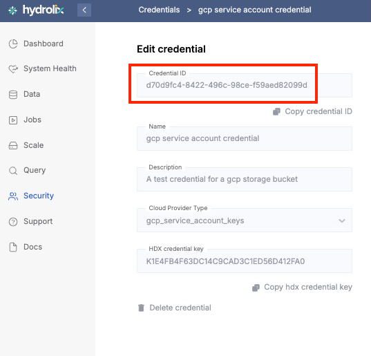 Credential ID displayed in Hydrolix UI
