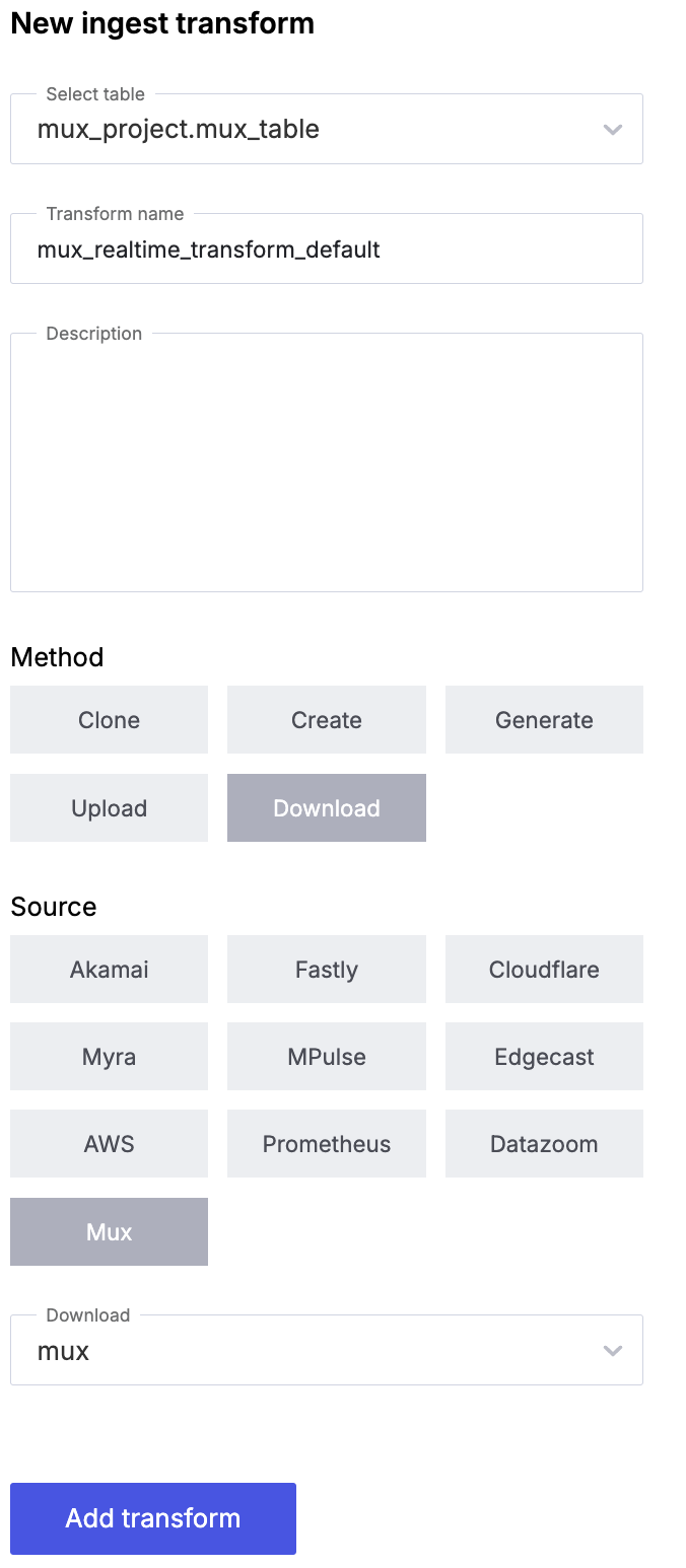 Hydrolix transform configuration for Mux