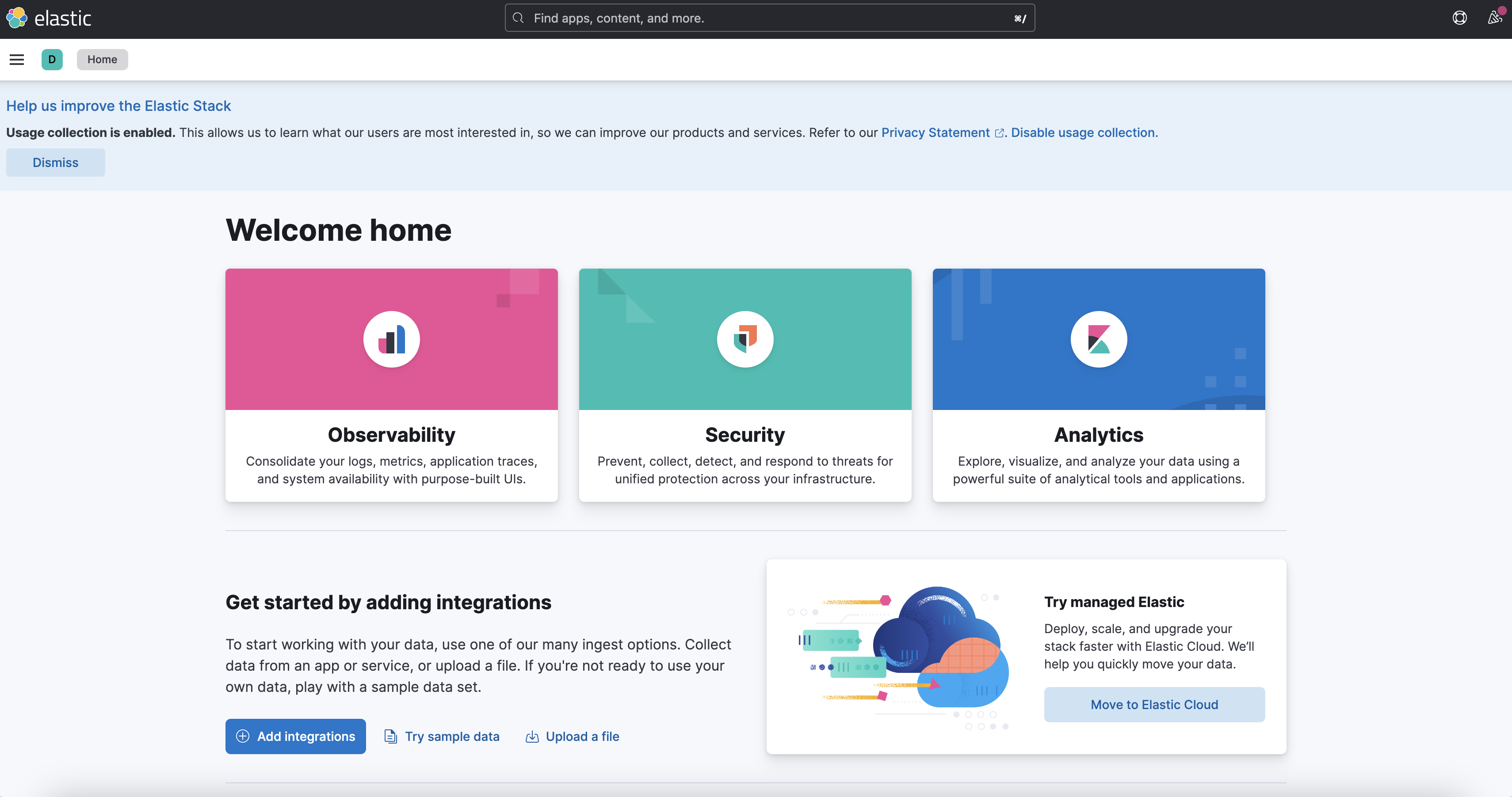 Kibana UI at localhost:5601