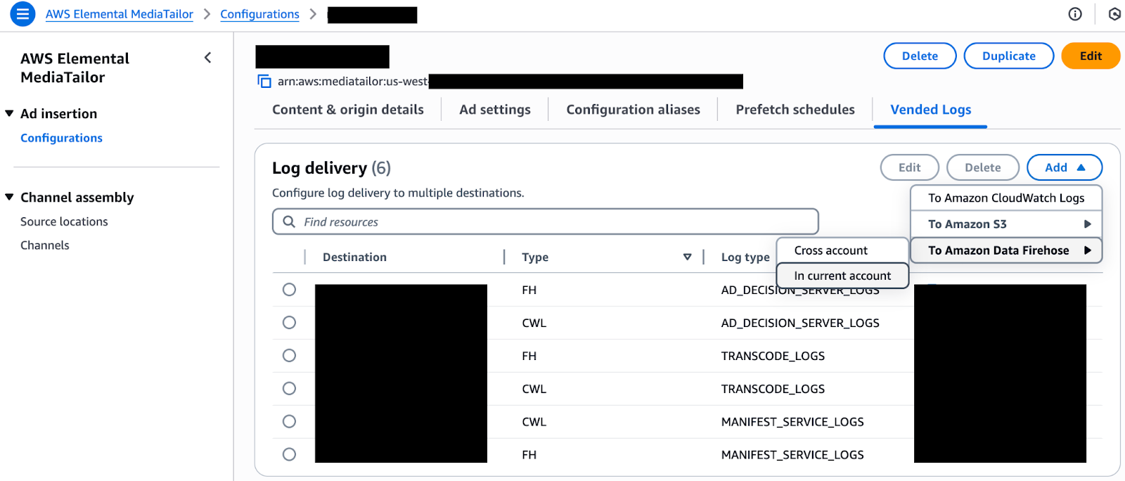 MediaTailor vended logs configuration