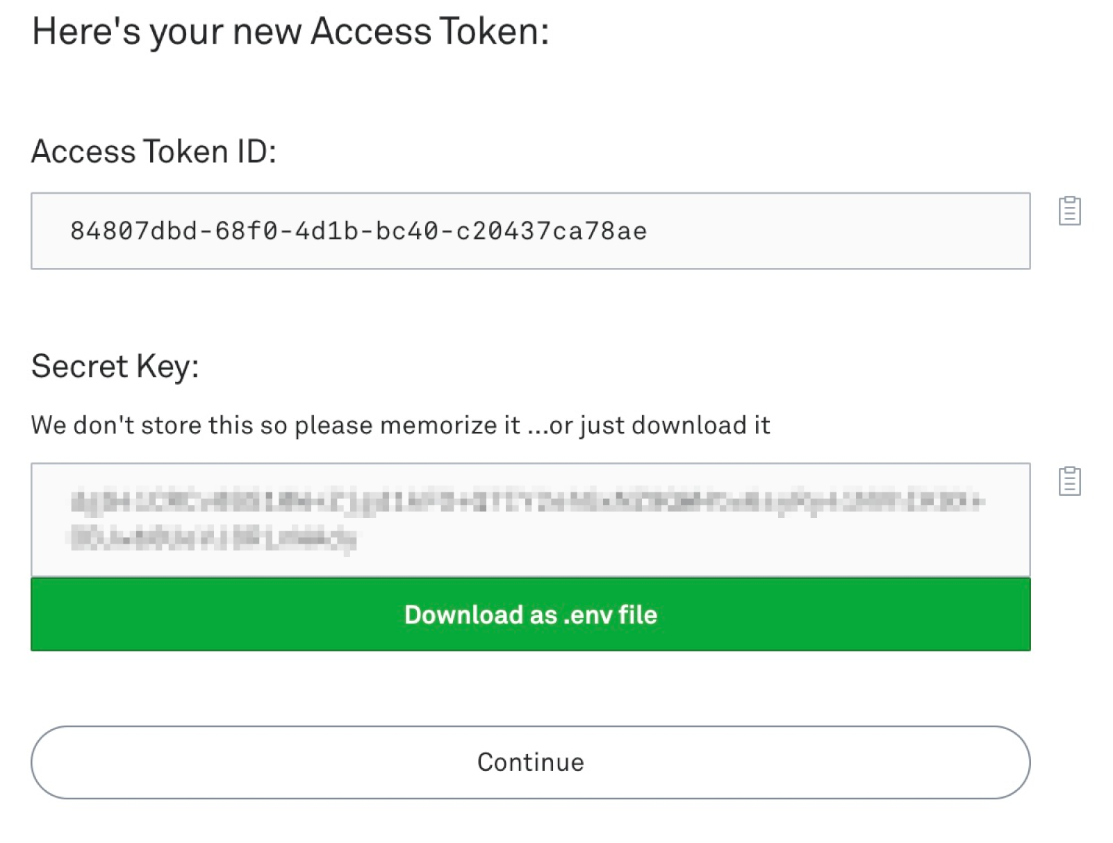 Generated access token with ID and secret