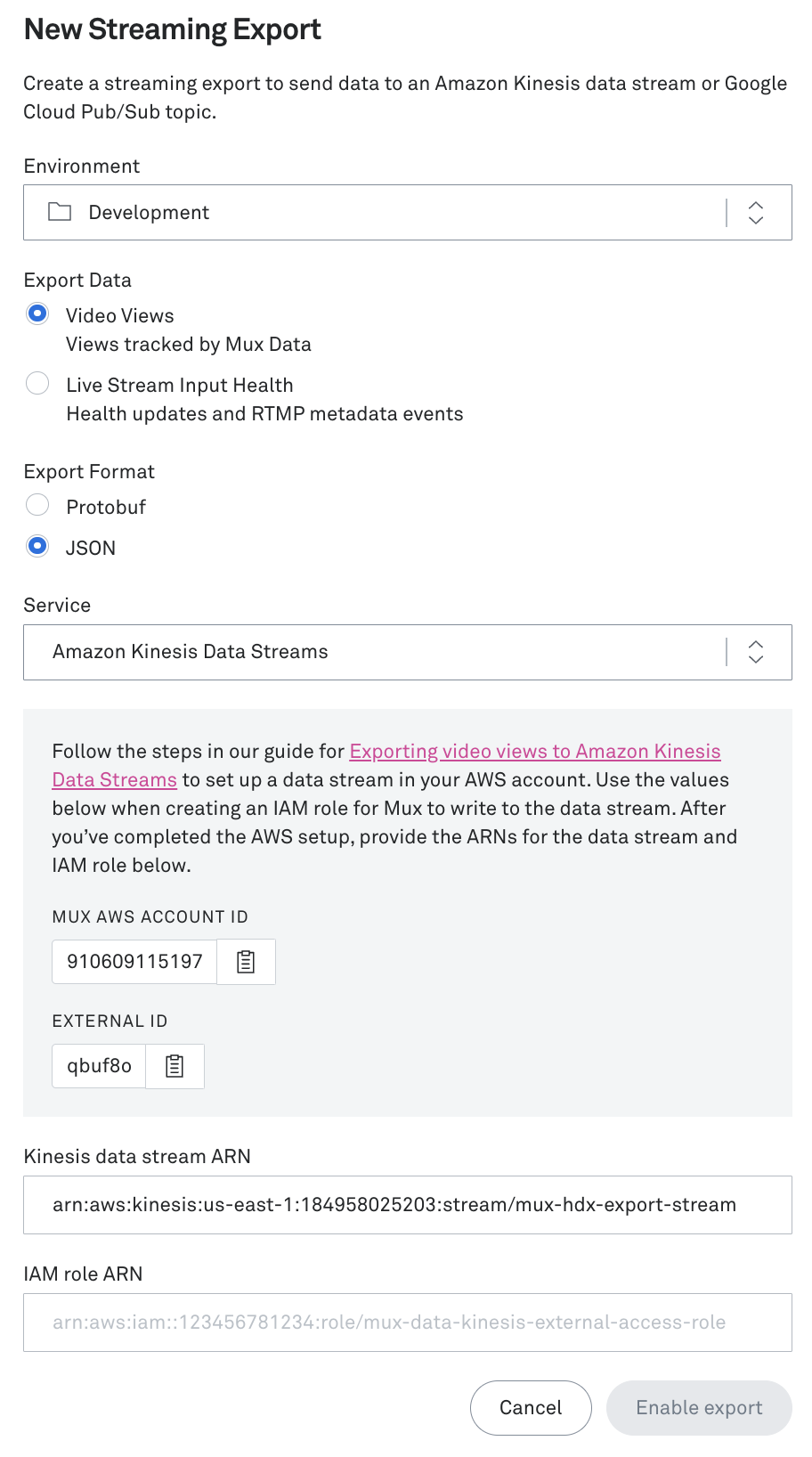 Mux streaming export configuration