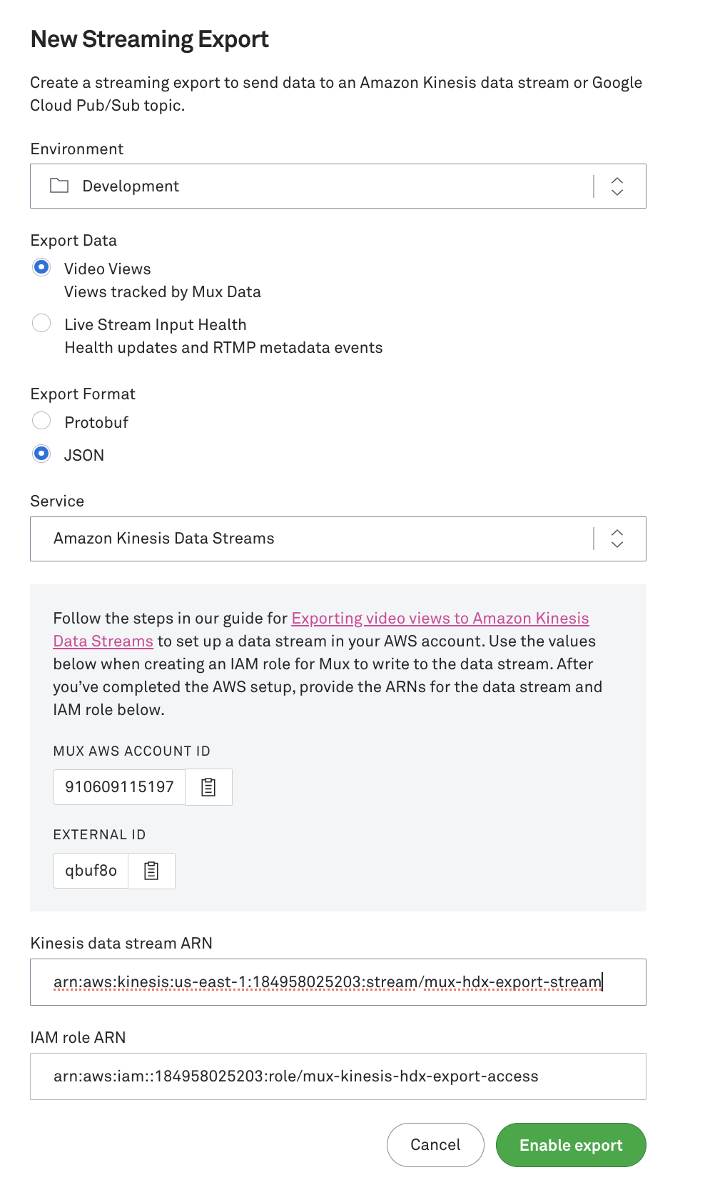Mux streaming export with IAM role