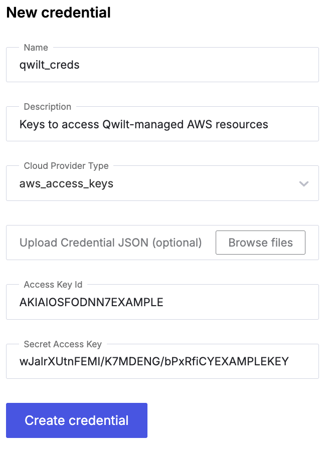 Hydrolix credential creation dialog for Qwilt AWS access keys