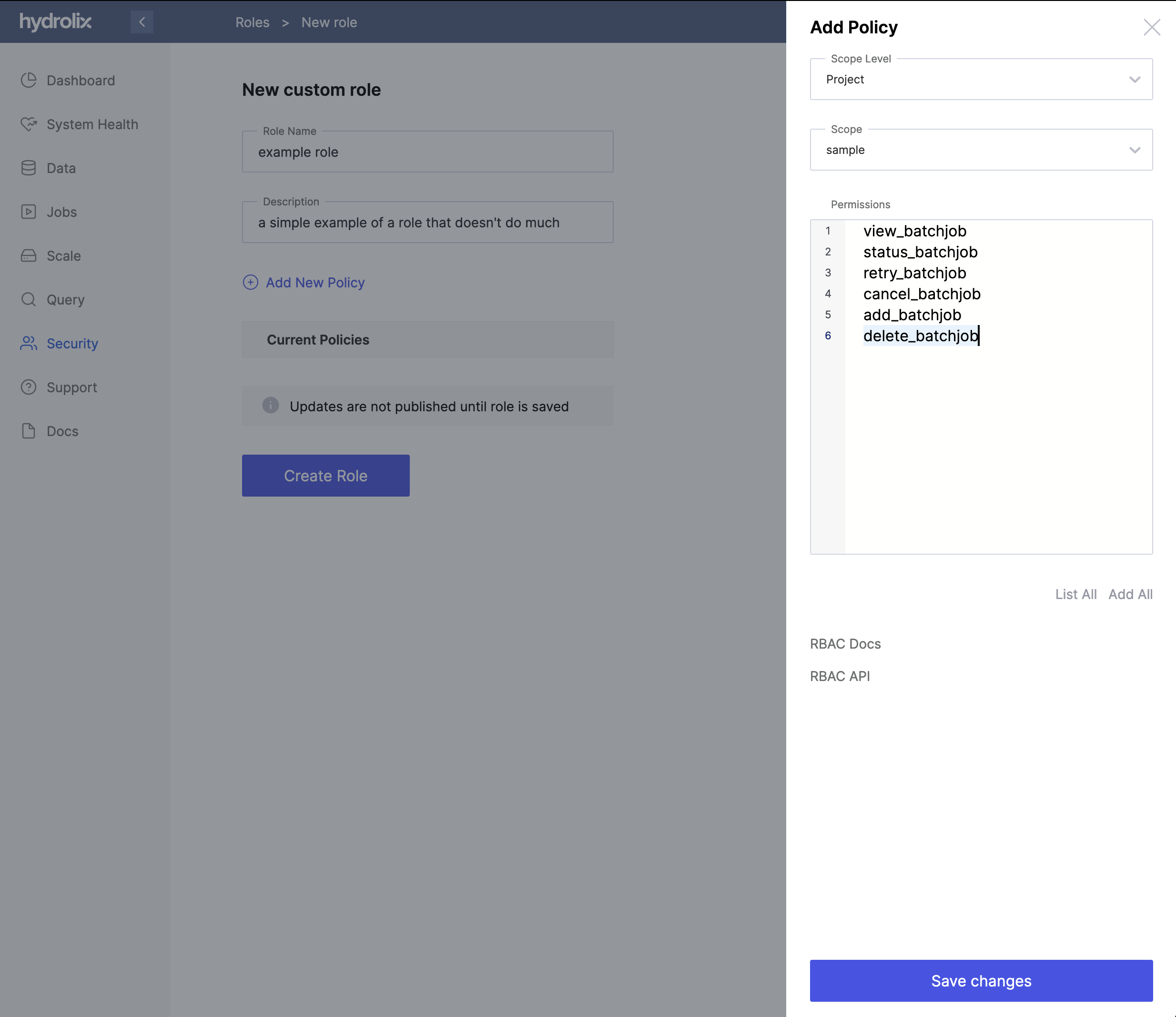 Defining a new role in the Hydrolix UI