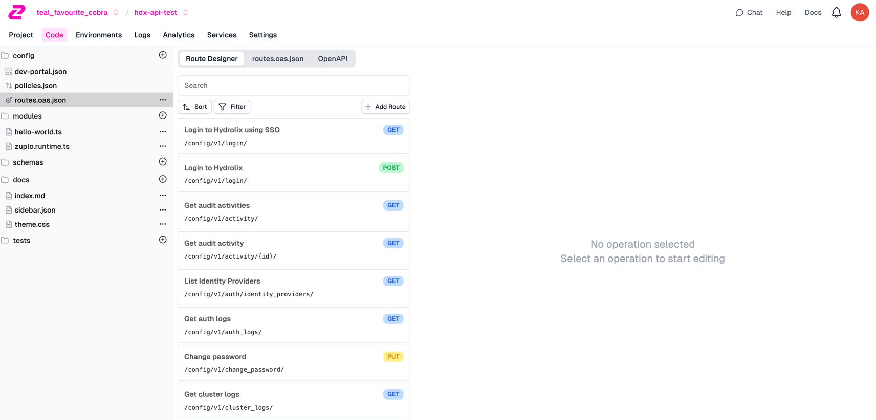 Zuplo Route Designer showing Hydrolix endpoints